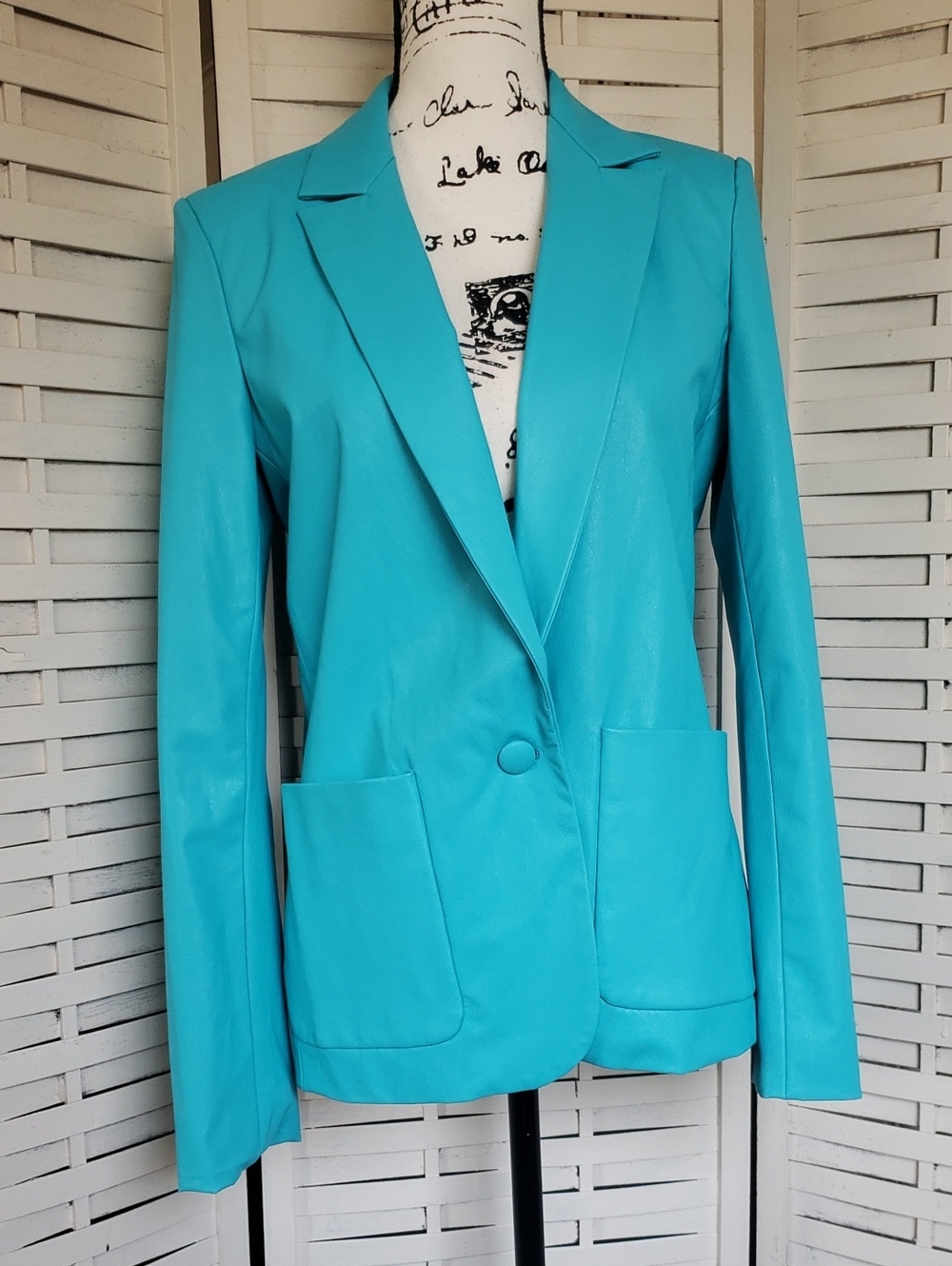 Amanda Uprichard Turquoise Faux Leather Single-Button Blazer Size S